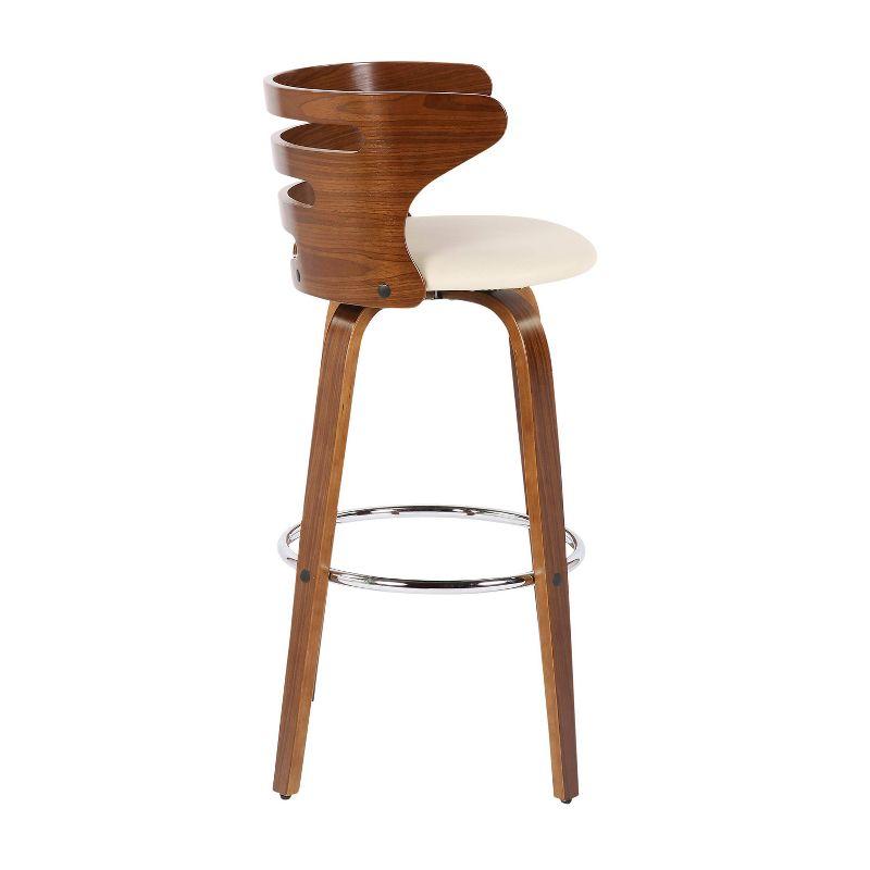 Mid-Century Modern Cream Leather Swivel Bar Stool with Walnut Wood