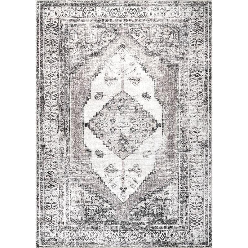 Nuloom Gladys Pet Friendly Machine Washable Vintage Medallion Area Rug, 4' x 6', Light Grey