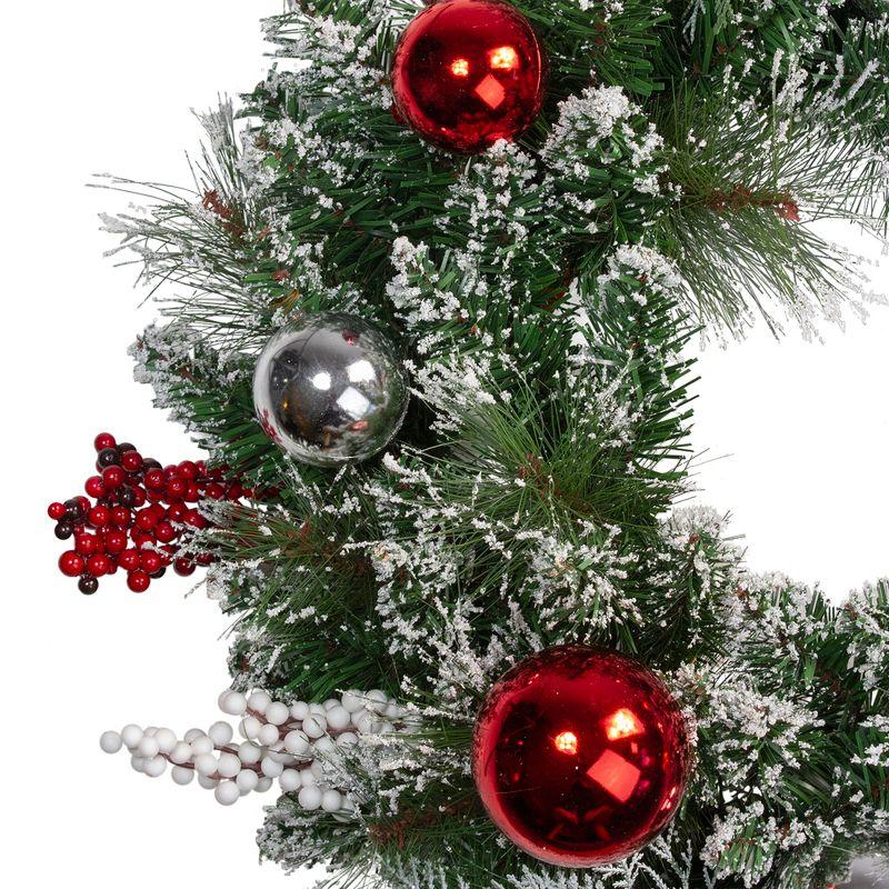 The Holiday Aisle® Flocked Pine with Red Ornaments Artificial Lemuella Wreath 24-Inch Unlit
