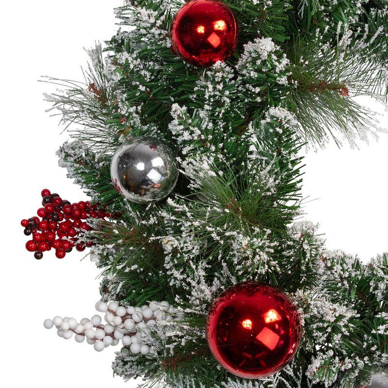 Flocked Pine with Red Ornaments Artificial Christmas Wreath 24-Inch Unlit