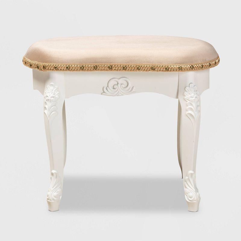 Gabrielle Velvet Fabric Upholstered Wood Vanity Ottoman Sand/White/Gold - Baxton Studio: French-Inspired, Brass Nailhead Detail, Cabriole Legs