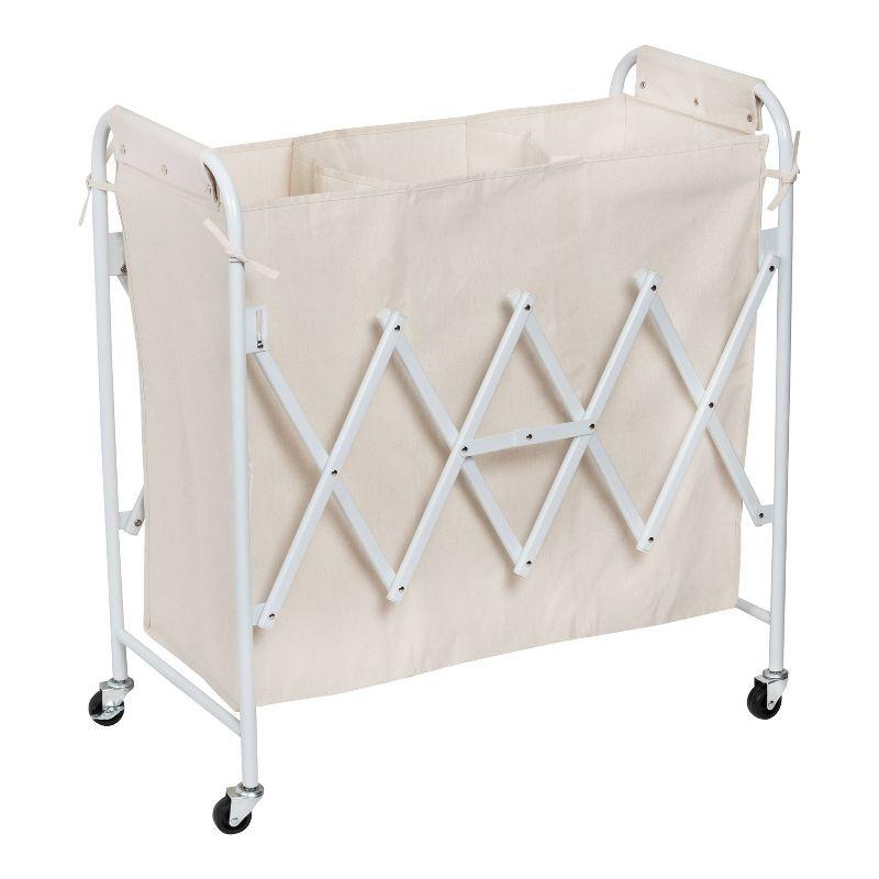 White Canvas Collapsible Triple Laundry Sorter with Wheels