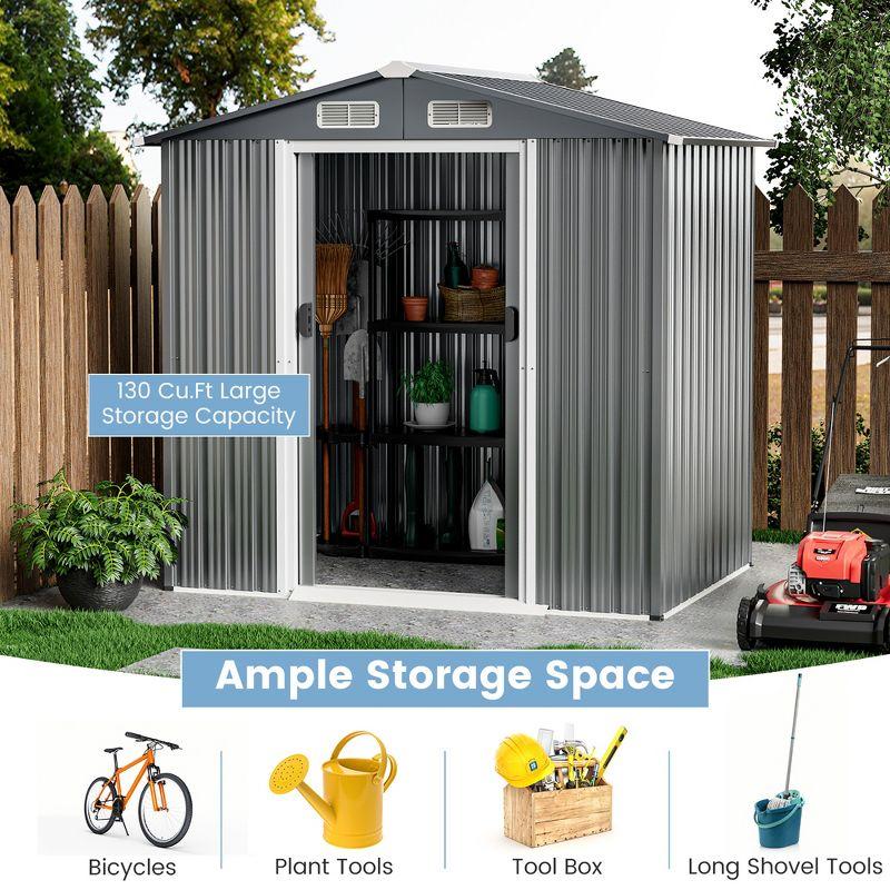 Costway 6 x 4 FT Outdoor Storage Shed Galvanized Steel Shed with Sliding Doors Wood Grain Natural/Grey