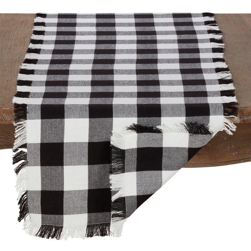 Saro Lifestyle Fringed Buffalo Plaid Runner, Black, 16" x 72"