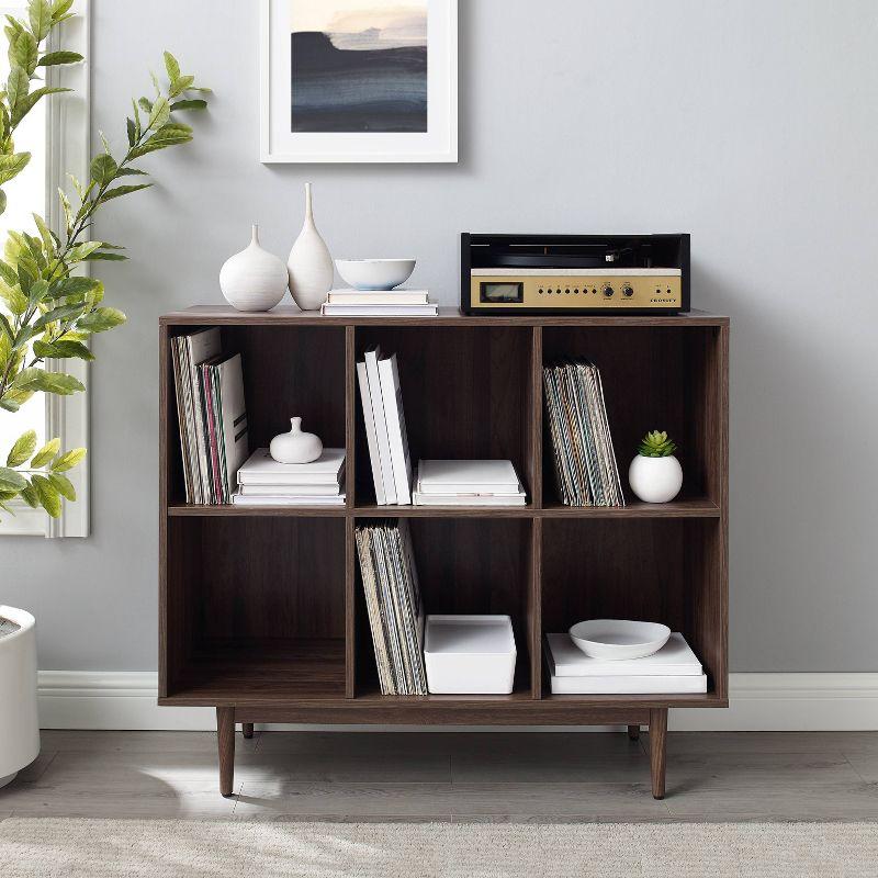 35.88" Liam 6 Cube Bookcase Walnut - Crosley: Mid-Century Design, Media Center-Compatible, Tapered Legs