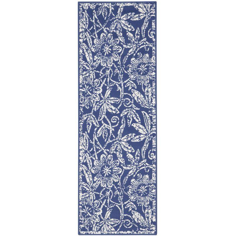 Navy Floral Synthetic Runner Rug, 2 ft x 8 ft