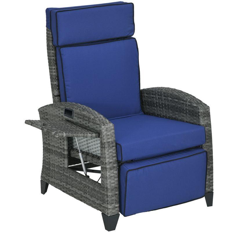 Dark Blue Wicker Reclining Outdoor Lounge Chair with Cushions