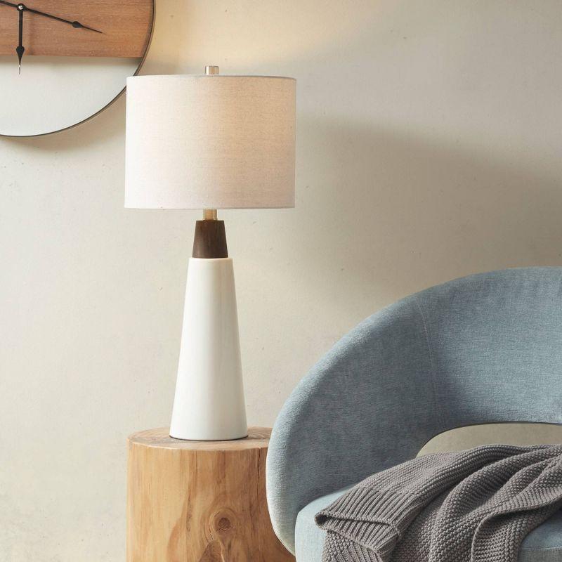 White Ceramic and Wood Table Lamp with Drum Shade