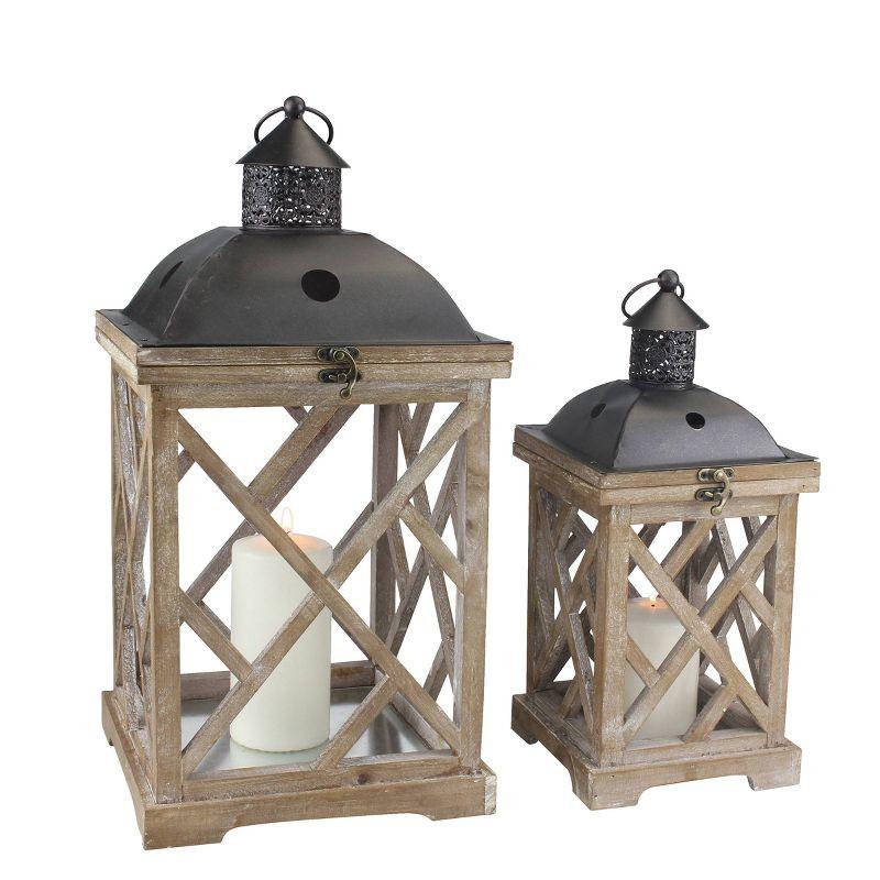 Stonebriar Collection Set of 2 Wooden and Metal Hurricane Candles Lantern Brown : Indoor/Outdoor, Pillar Compatible