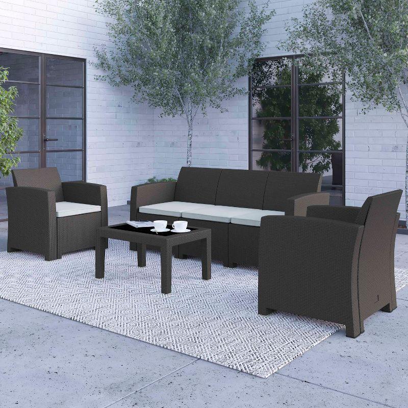 Merrick Lane 4 Piece Dark Gray Faux Rattan Patio Furniture Set with 2 Chairs and Sofa with Removable Light Gray Cushions and Table