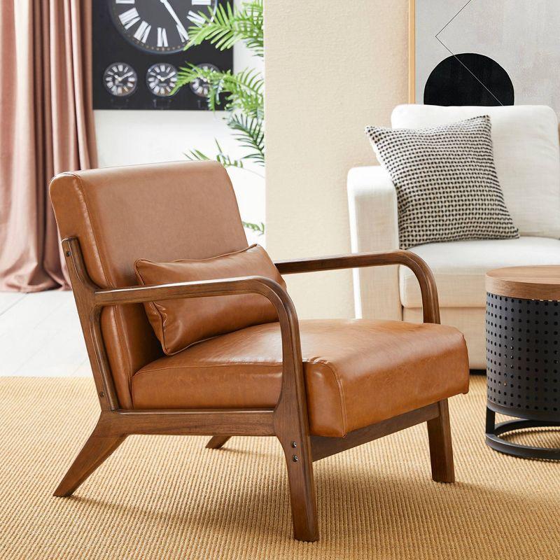 Mid-Century Modern Leatherette Arm Accent Chair Walnut Rubberwood Frame Tan - Glitzhome: Upholstered, Durable, for Office & Home
