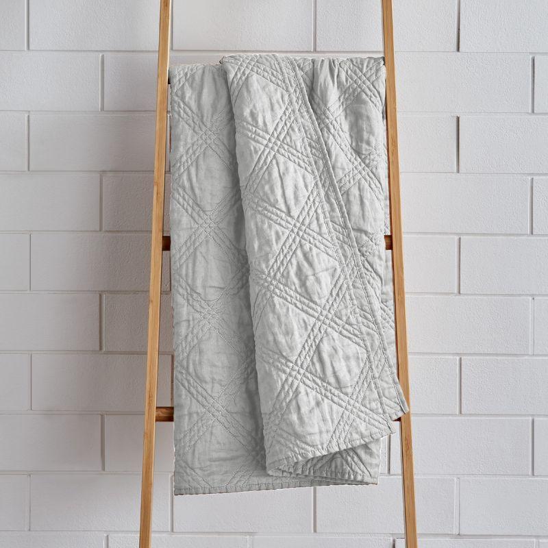 Chateau-Inspired Light Grey Linen & Cotton Quilted Throw