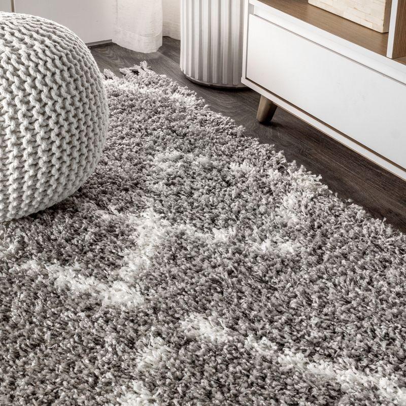 3'x5' Mercer Shag Plush Tassel Moroccan Geometric Trellis Area Rug, Grey/Cream - JONATHAN Y