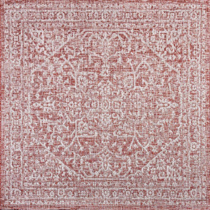 5' Square Malta Bohemian Medallion Textured Weave Indoor/Outdoor Area Rug, Red/Taupe - JONATHAN Y