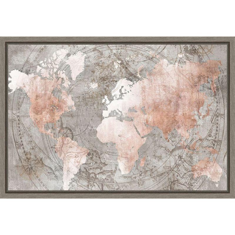 Celestial Pink and Beige Framed Canvas World Map Print