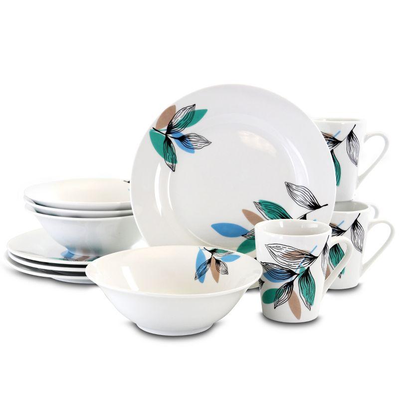 White Ceramic 12-Piece Dinnerware Set with Leaf Design