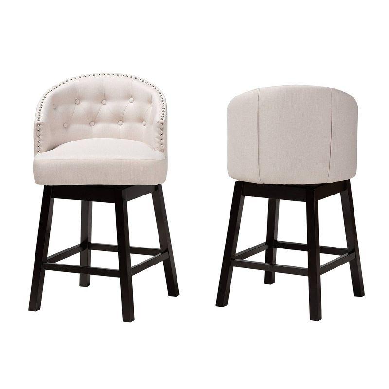 2pc Theron Fabric and Wood Swivel Counter Height Barstools Set Beige/Espresso Brown - Baxton Studio: Upholstered, Rubberwood Frame, Fixed Height