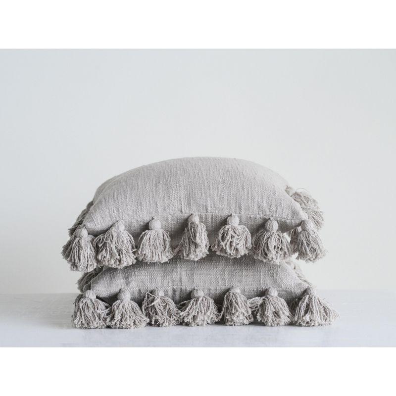 Storied Home Woven Cotton Slub Pillow with Tassels, Grey