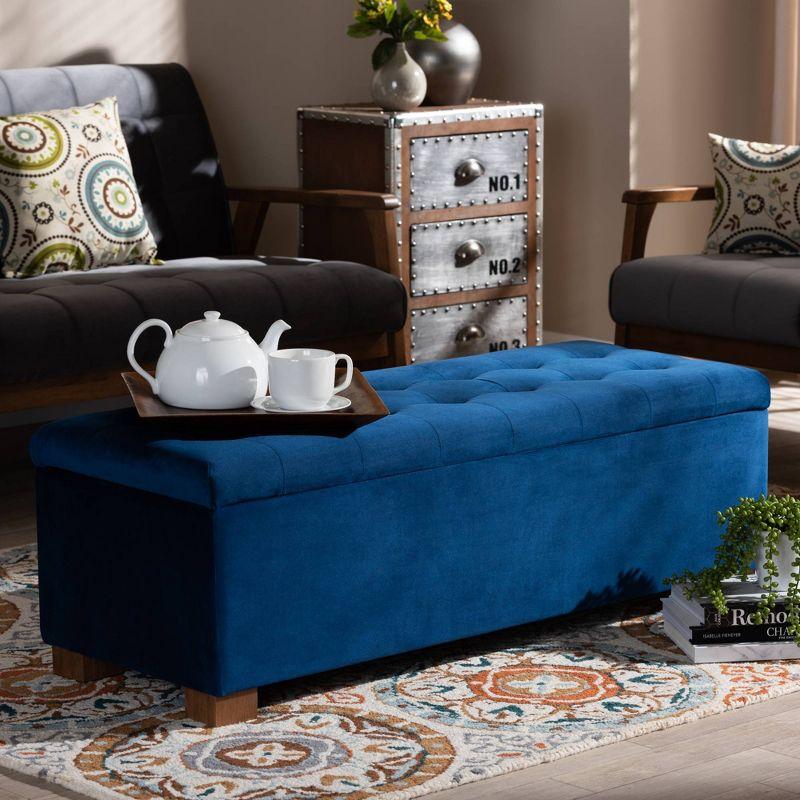 Navy Blue Velvet Tufted Storage Bench with Walnut Legs