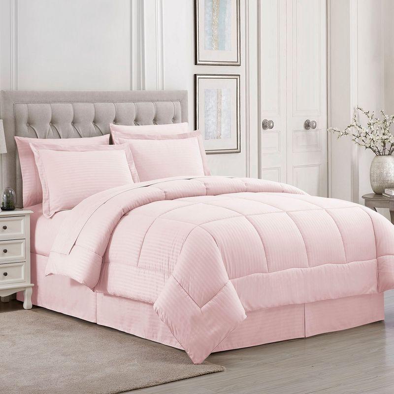 8 Piece Embossed Dobby Stripe Bed In A Bag Set - King, Pale Pink