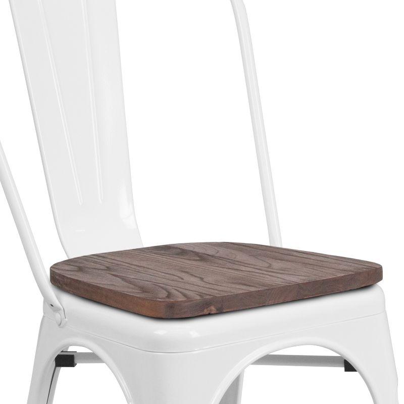 White Metal Stackable Dining Chair with Wood Seat