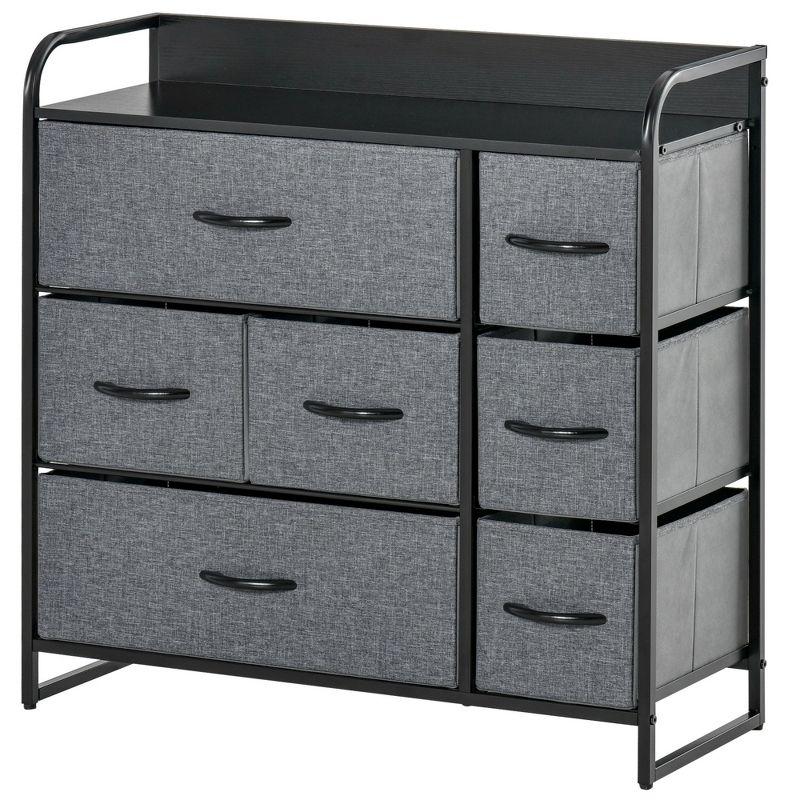 Gray Fabric 7-Drawer Dresser with Dark Wood Top and Steel Frame