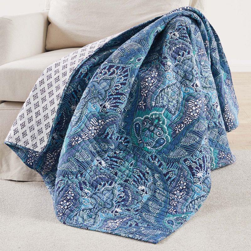 Bellamy Teal and White Reversible Cotton Damask Throw