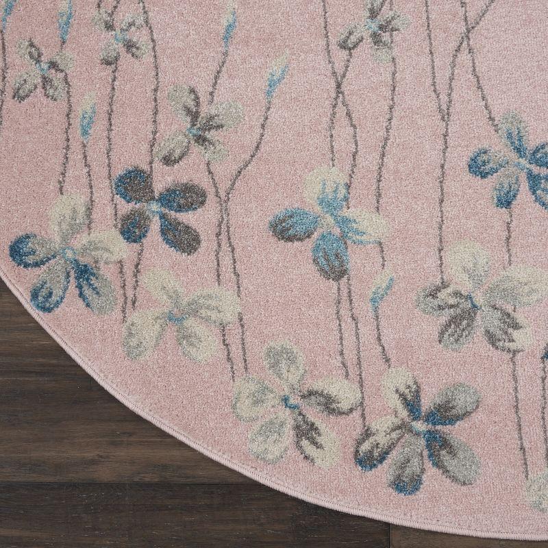 Blushing Blossom 63'' Round Pink Floral Easy-Care Area Rug