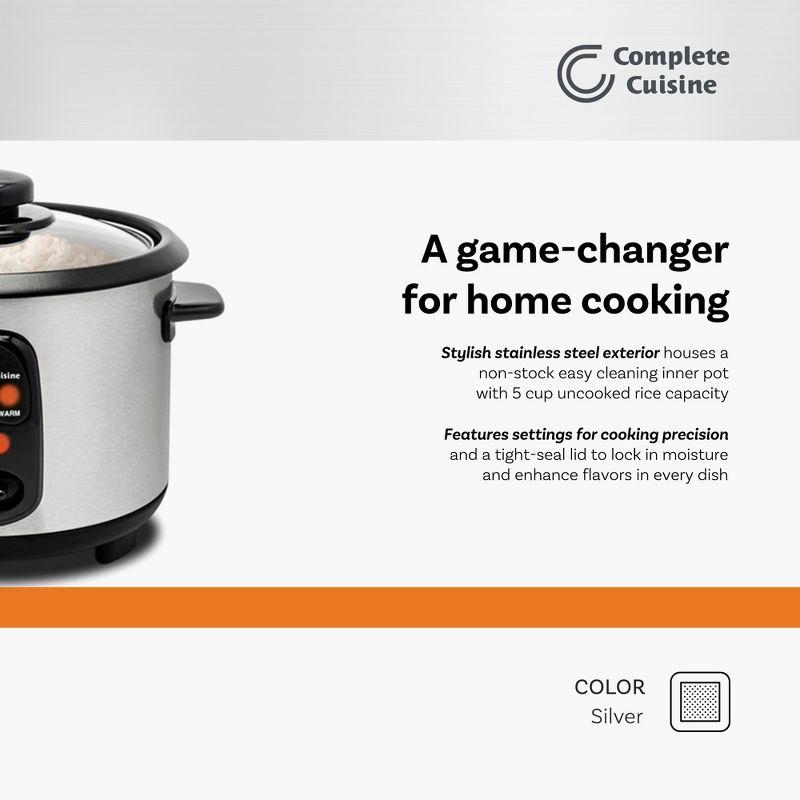 Complete Cuisine 10-Cup Instant Electric Rice Cooker with Stainless Steel Pot, Compact Design, Multi-Function Steamer and Slow Cooker, 10-Cup, Silver