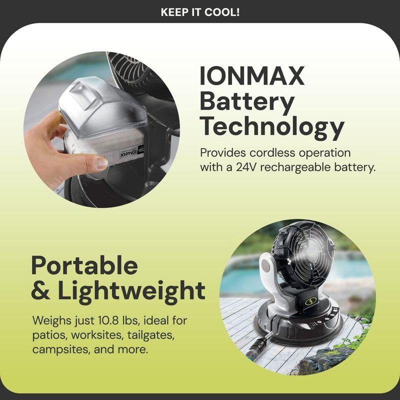 Sun Joe 24 Volt IONMAX Cordless Misting Fan Kit, Indoor or Outdoor, with 6 Gallon Portable Bucket, 60 Square Foot Coverage, 2.0-AH Battery and