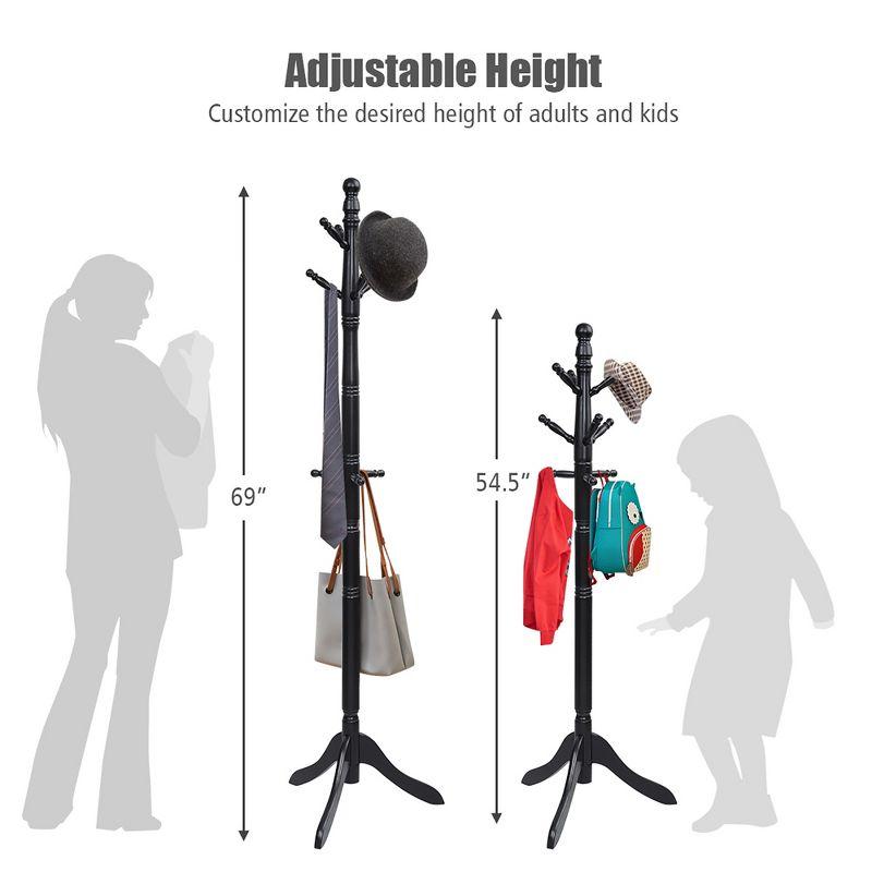 Costway Coat Rack Wooden Hall Tree 2 Adjustable Height w/ 9 Hooks Walnut\Black\ Grey