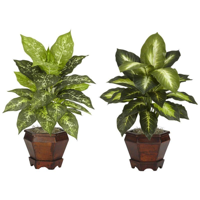 Lush Two-Tone Dieffenbachia Silk Plant Duo with Wooden Vase