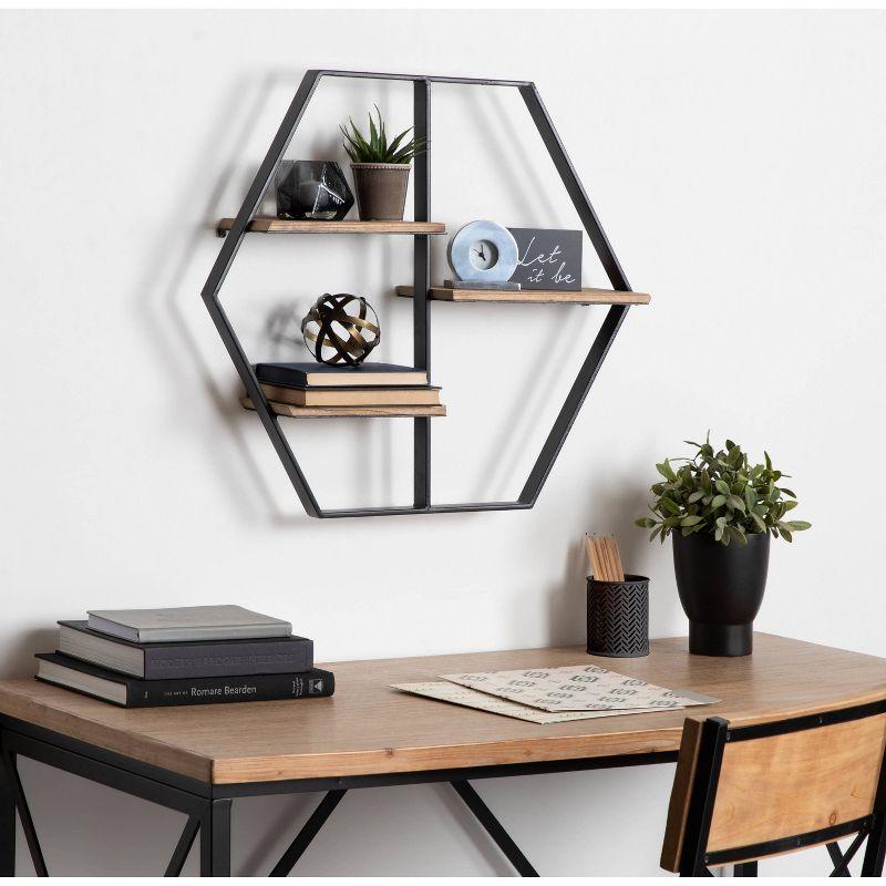 Black Hexagon Floating Wall Shelf with Wood Shelves