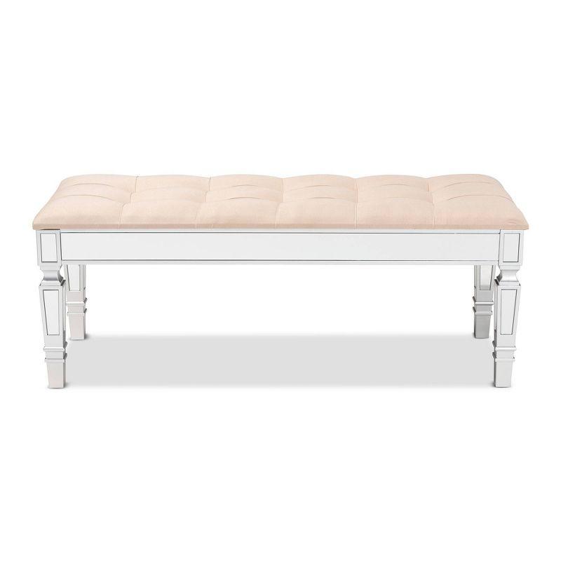 Hedia Silver Finish Mirrored Glass & Beige Velvet Accent Bench