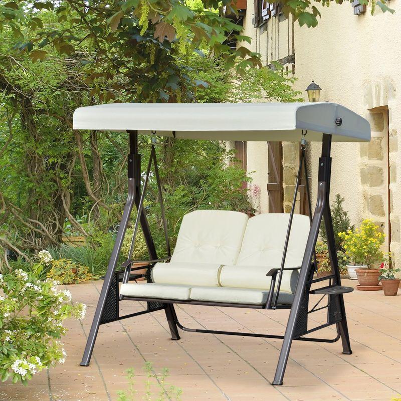 Outsunny 2-Person Patio Swing Chair Outdoor Canopy Swing with Adjustable Shade, Soft Cushions, Throw Pillows and Tray for Garden, Poolside