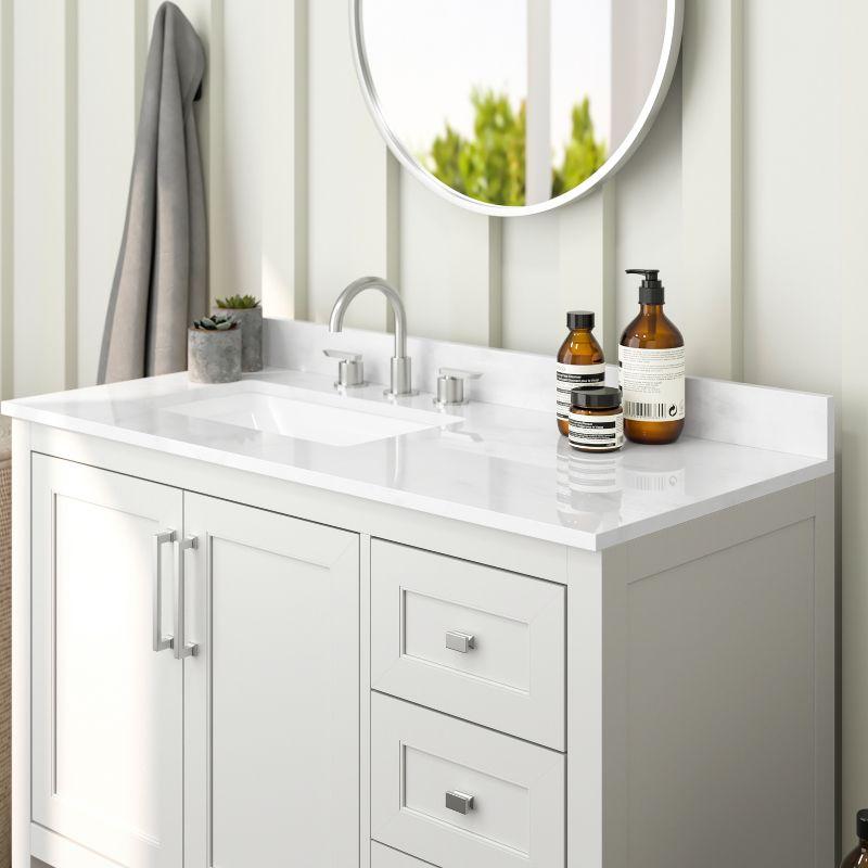 Merrick Lane Bathroom Vanity with Ceramic Sink, Carrara Marble Finish Countertop, Storage Cabinet with Soft Close Doors, Open Shelf and 3 Drawers