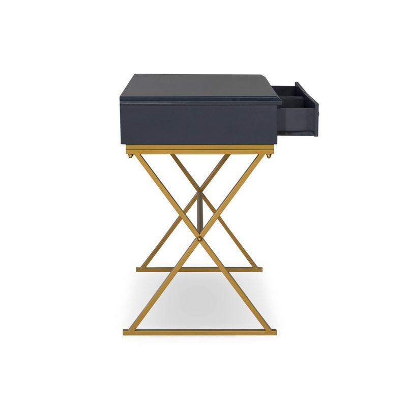 Campaign 2 Drawer Desk Blue/Gold - Linon: Matte Gold Legs, MDF, Metal Hardware