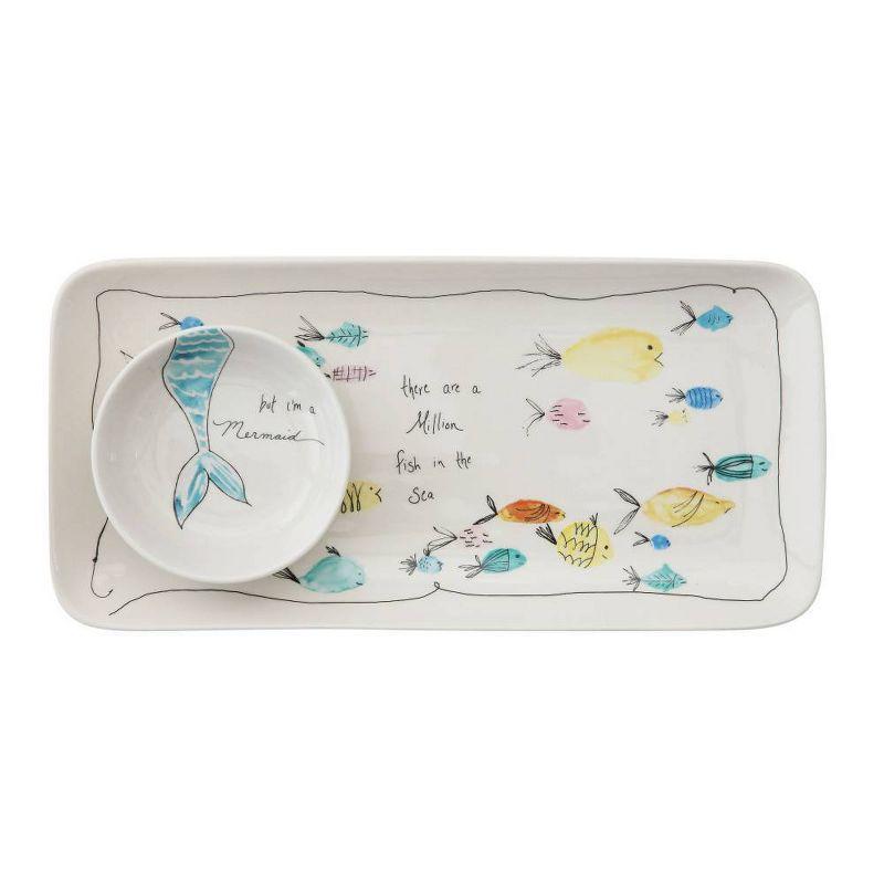 Storied Home Stoneware Plate & Small Round Dish with Fish Print White 2pc: Nautical Coastal Beach Style, Dishwasher-Safe