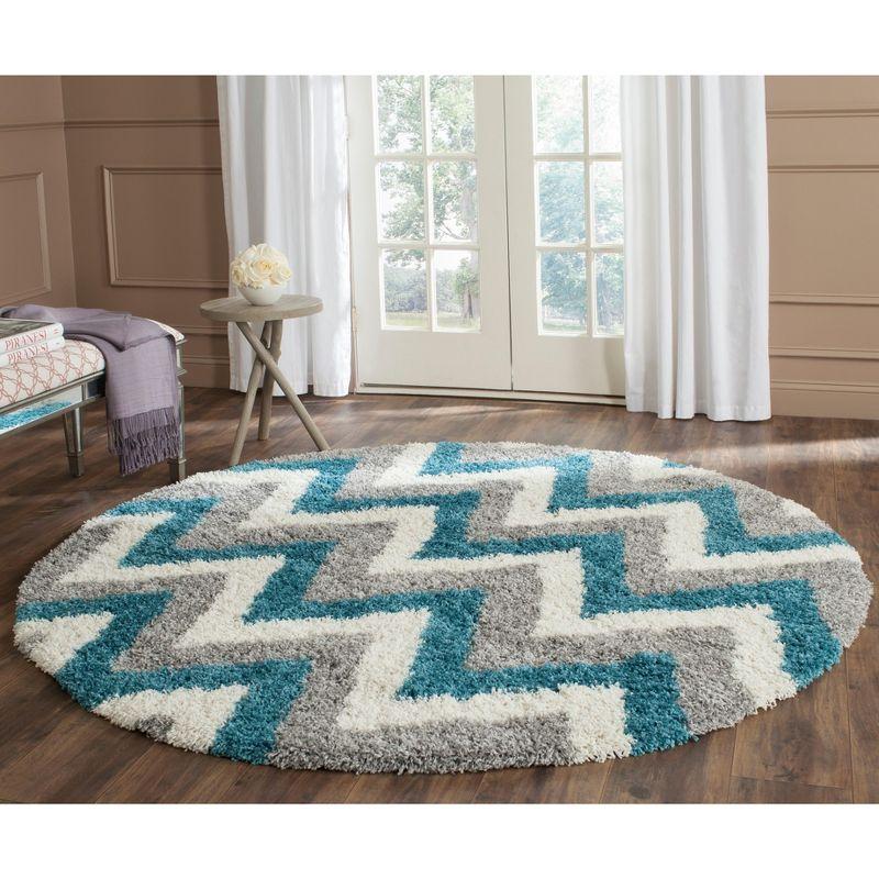 Ivory and Blue Chevron Round Kids Shag Rug