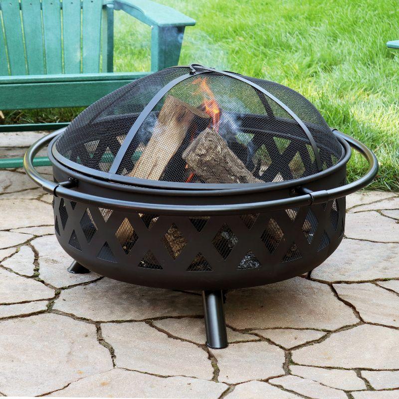 Sunnydaze Crossweave Heavy-Duty Steel Outdoor Fire Pit with Spark Screen, Poker, Grill, and Cover - Black