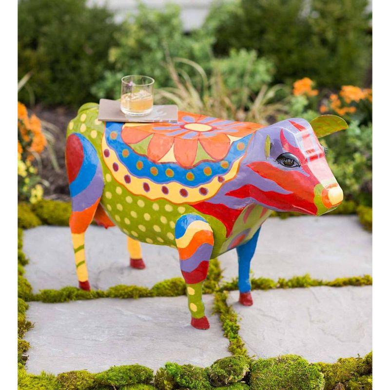 Handmade Colorful Painted Folk Art Cow Metal Side Table