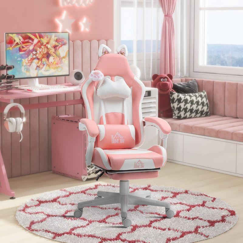 HOMCOM Cute Gaming Chair, Reclining Computer Chair with Footrest, Headrest, Lumbar Support, Height Adjustable Faux Leather Swivel Gamer Chair, Pink