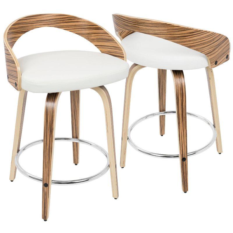 Zebra Wood and White Faux Leather Swivel Counter Stools, Set of 2