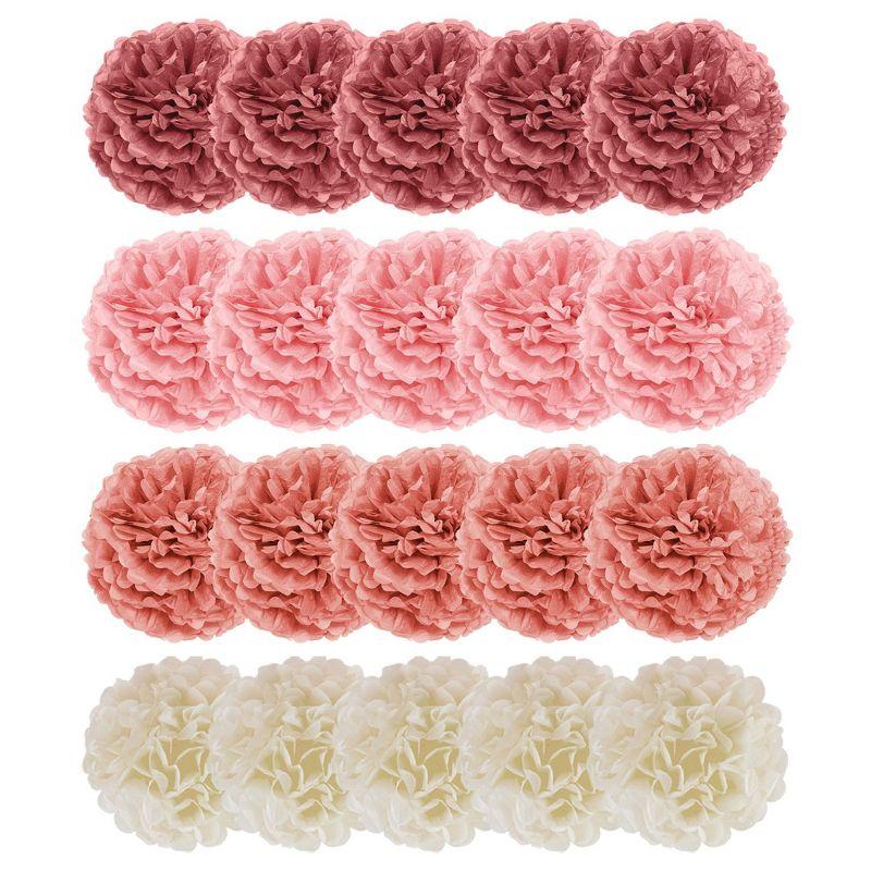 EpiqueOne 20 Piece Tissue Paper Pom Poms Party Kit - Colorful Paper Flower Wall Decorations - Pink Rose