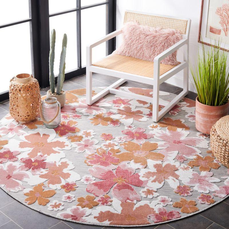 Gray and Pink Floral Round Synthetic Indoor/Outdoor Rug