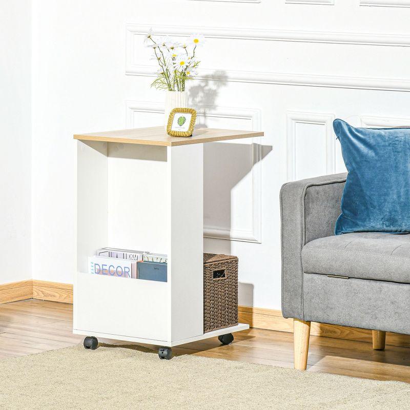 White Wood C-Shaped Mobile End Table with Storage