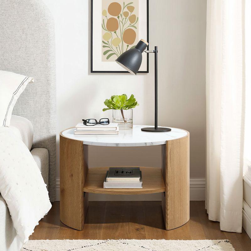 LuxenHome Natural Finish Manufactured Wood 23.6-Inch Round Coffee Table with Faux Marble Top Brown