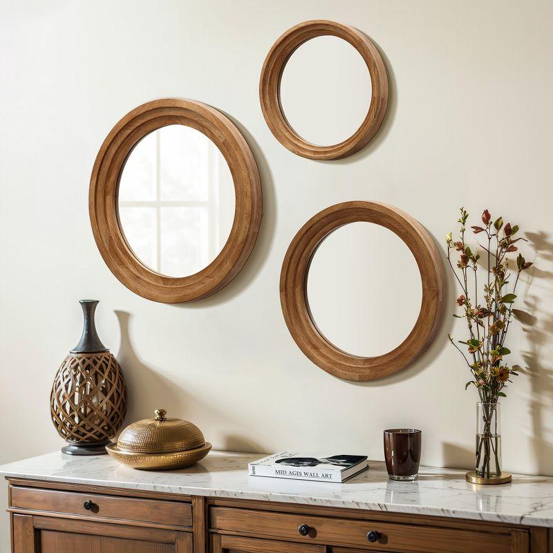 LuxenHome 3-Piece Round Rubberwood Frame Accent Wall Mirror Set Brown