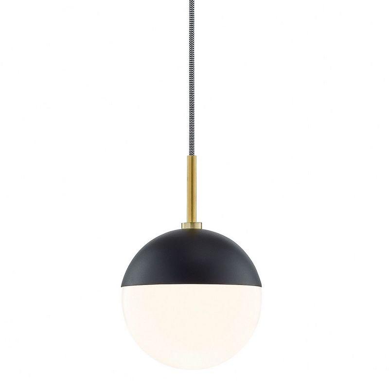 Aged Brass and Black Opal Glass Globe Pendant Light