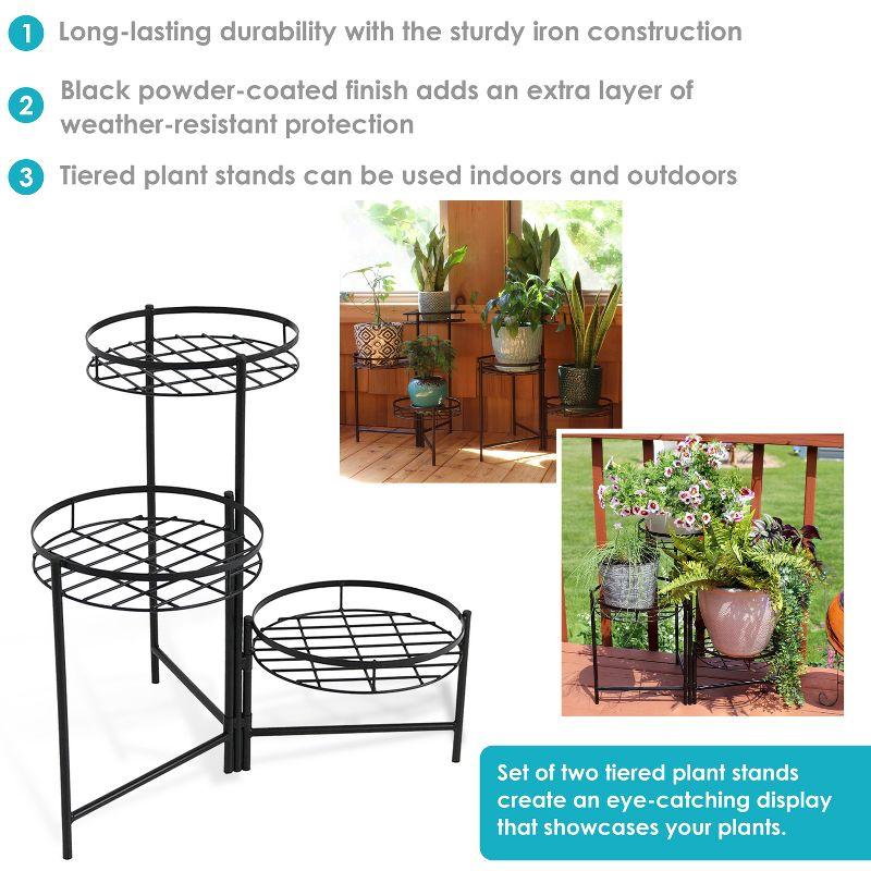 Sunnydaze Iron Metal 3-Tiered Decorative Flower Plant Pot Holder Stand Display - Black - 2pk